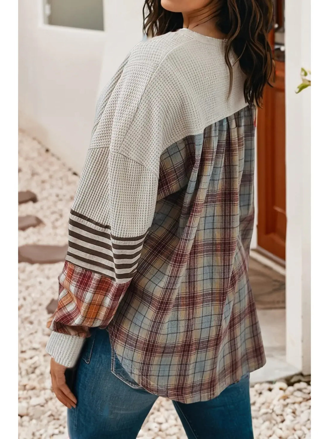 waffle striped and plaid pullover