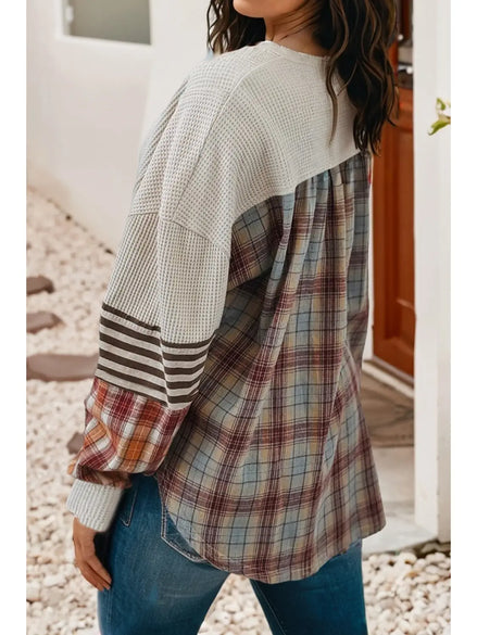 waffle striped and plaid pullover