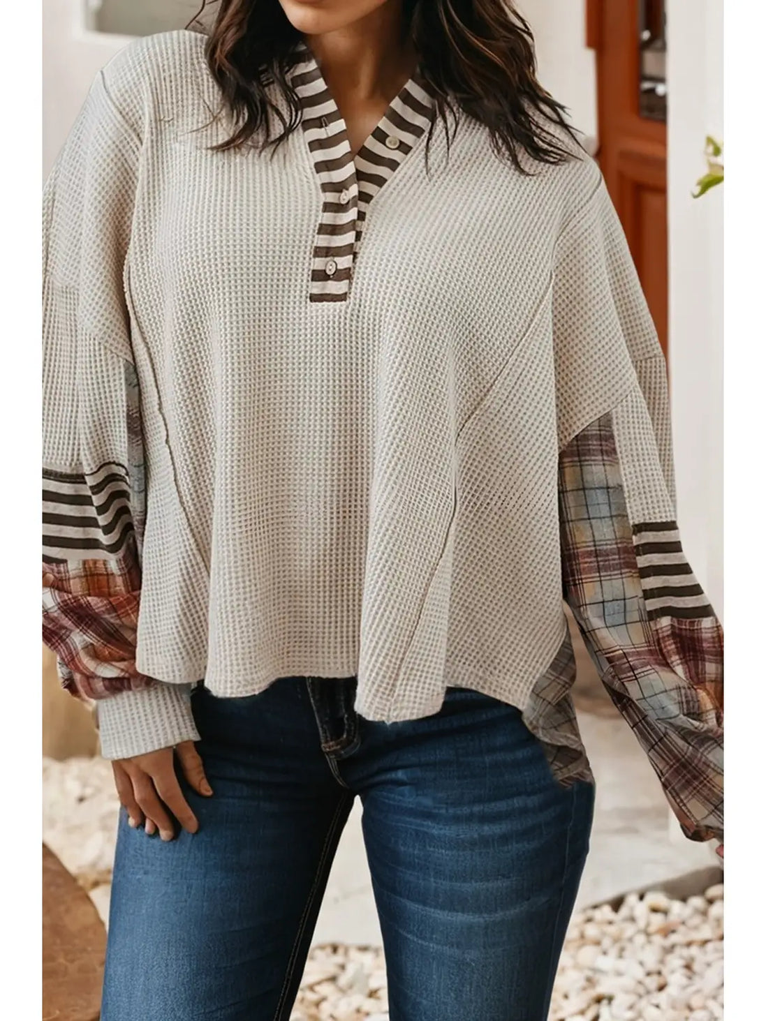 waffle striped and plaid pullover