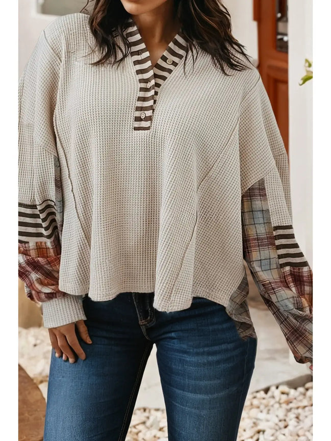 waffle striped and plaid pullover
