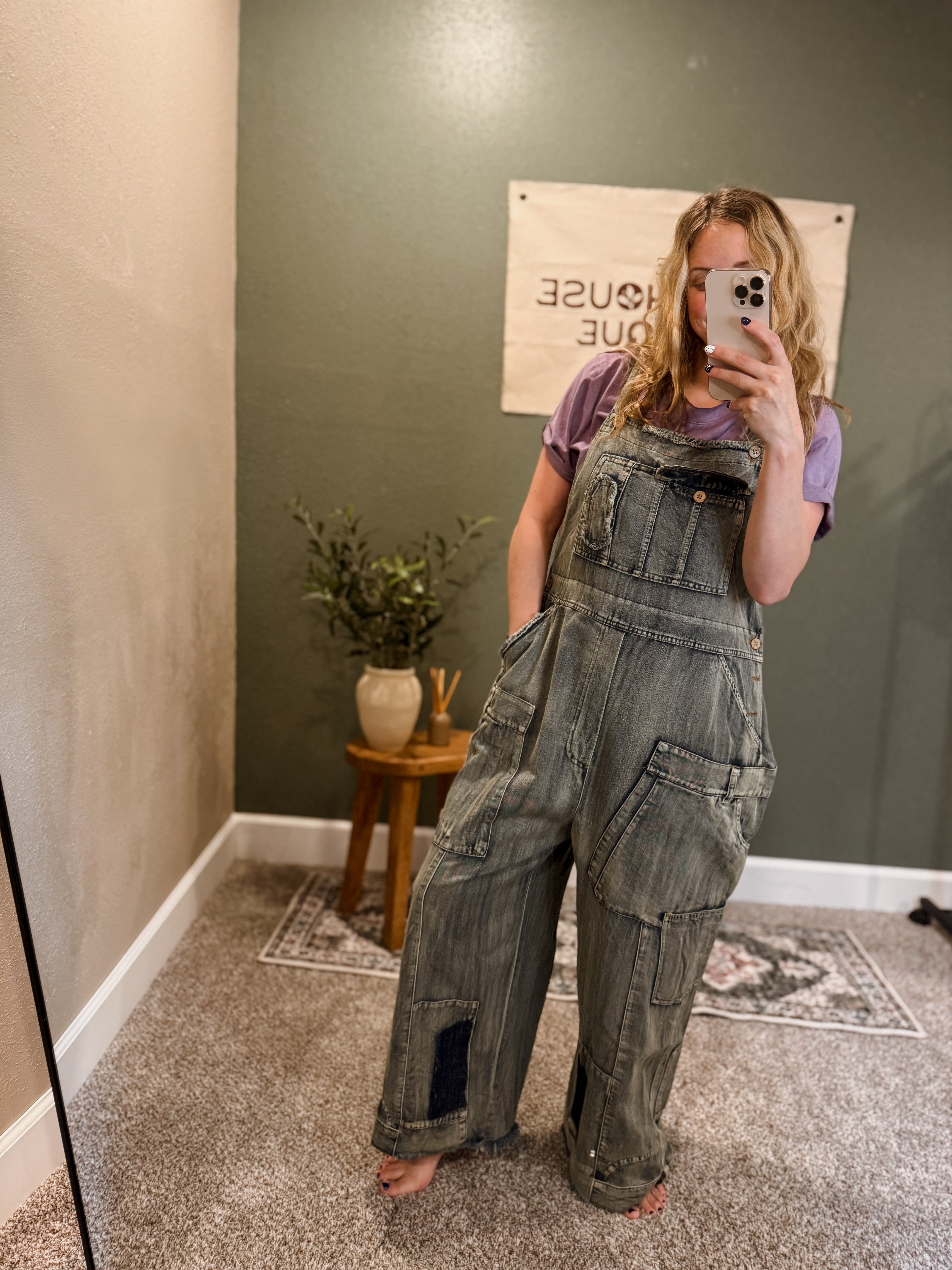 oversized patchwork overalls