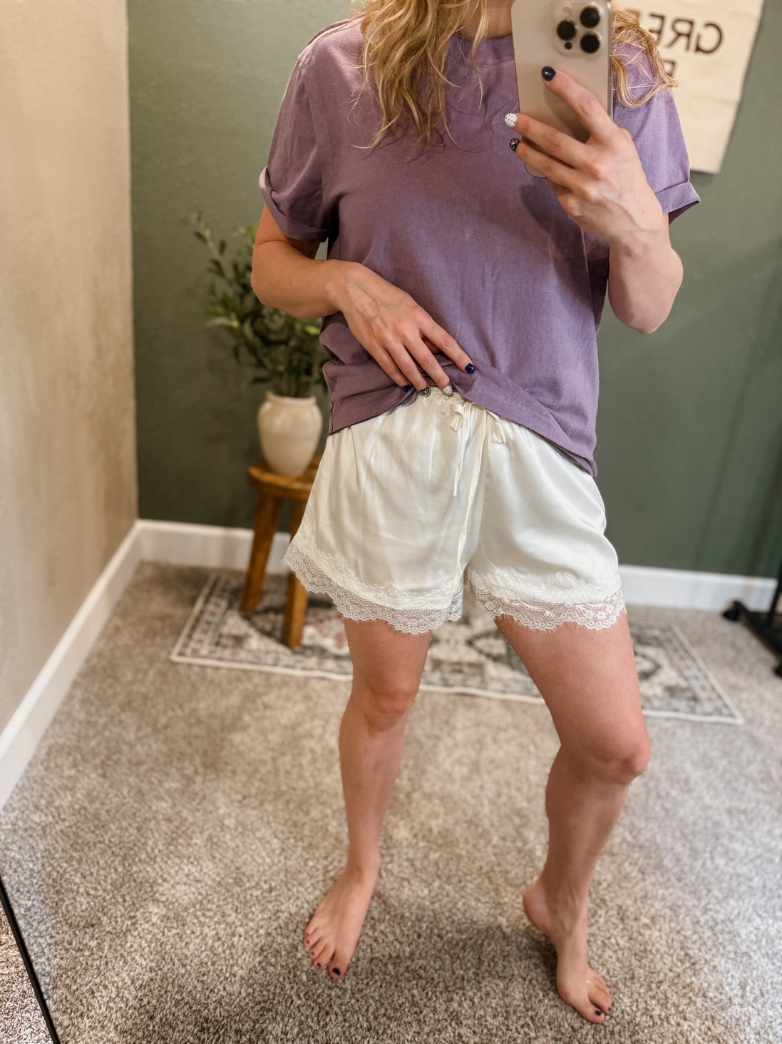 satin lace trim shorts