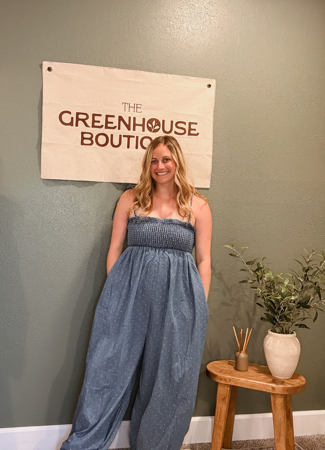 denim polkadot jumpsuit