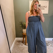 denim polkadot jumpsuit