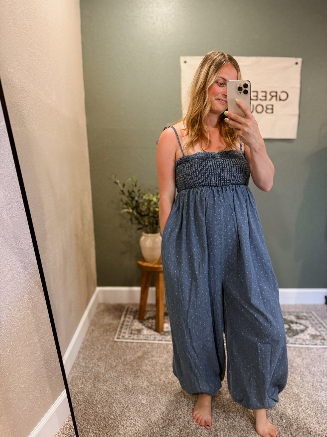 denim polkadot jumpsuit