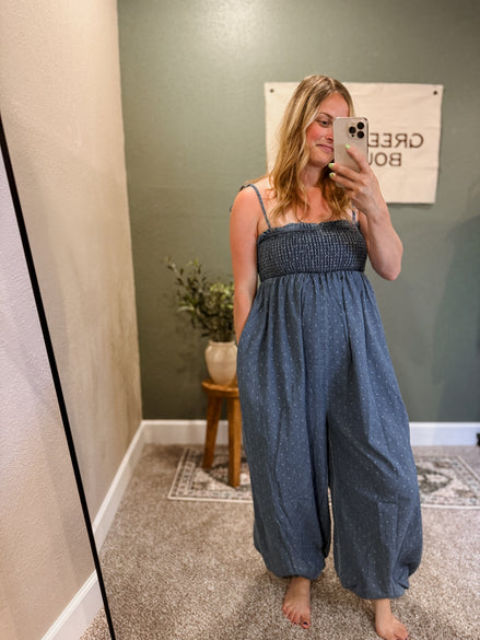 denim polkadot jumpsuit