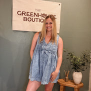 pleated pearl denim romper