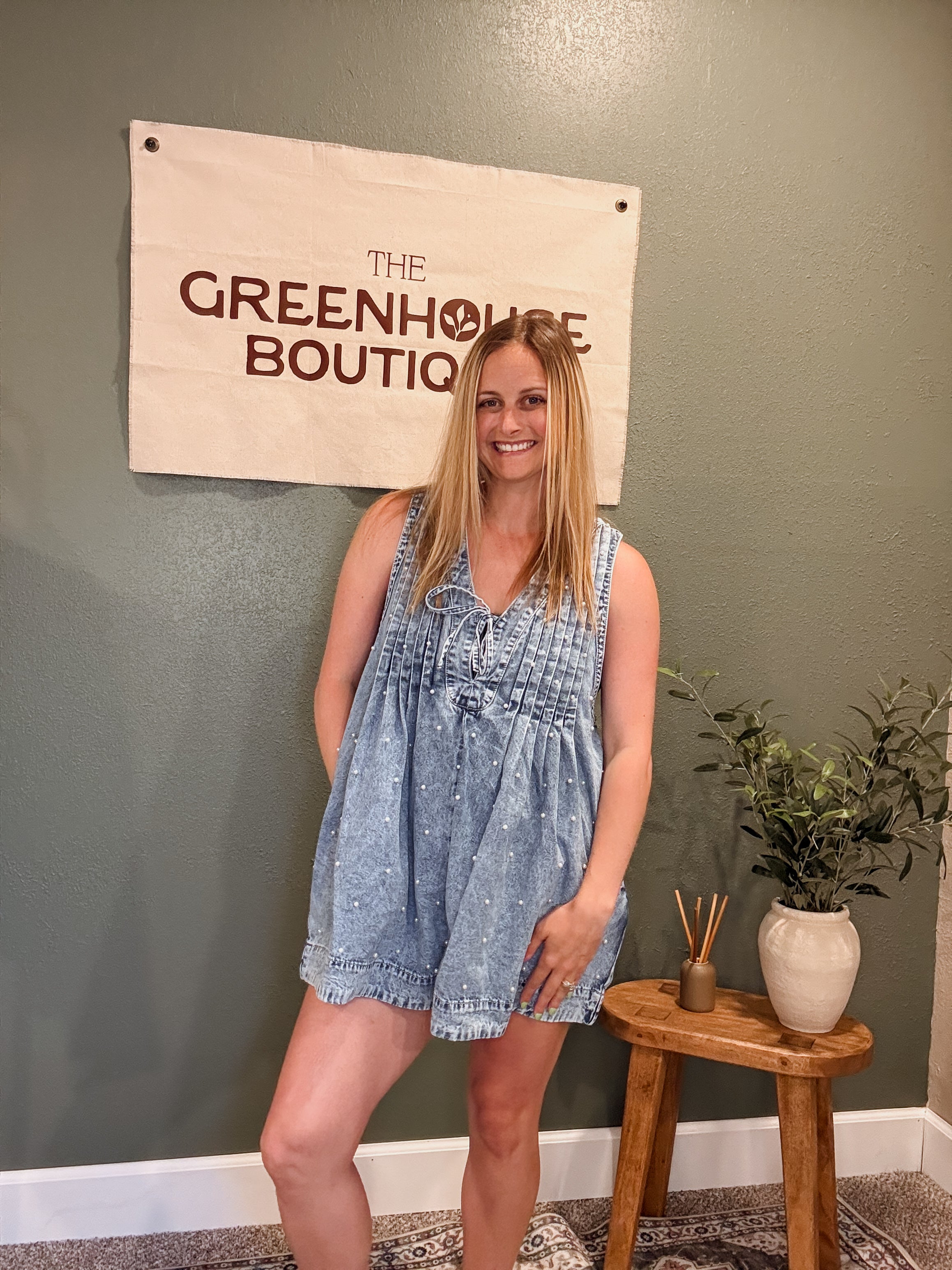 pleated pearl denim romper