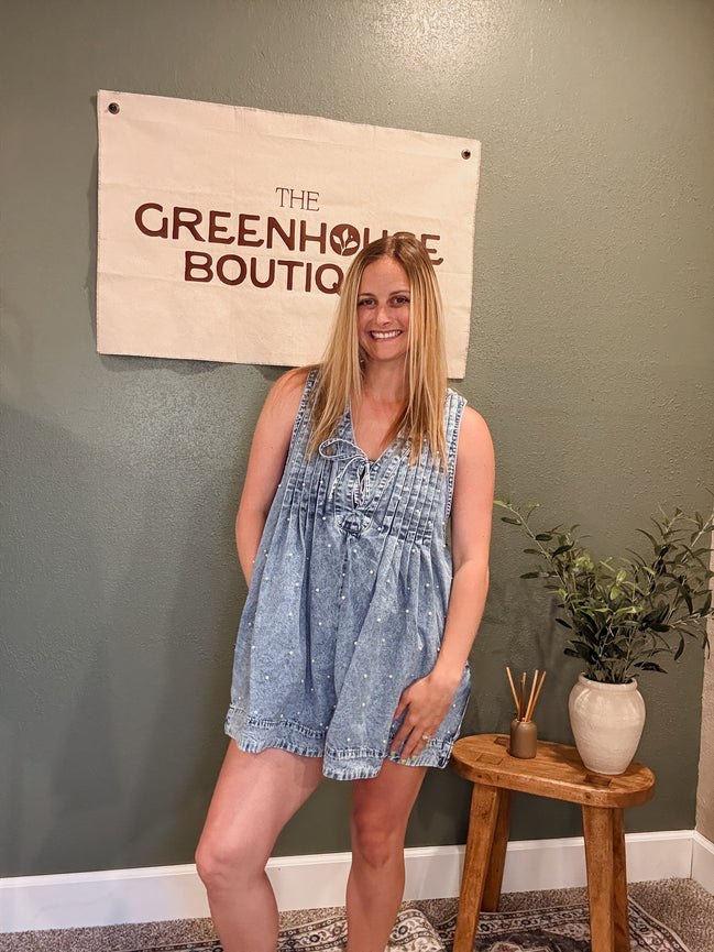 pleated pearl denim romper