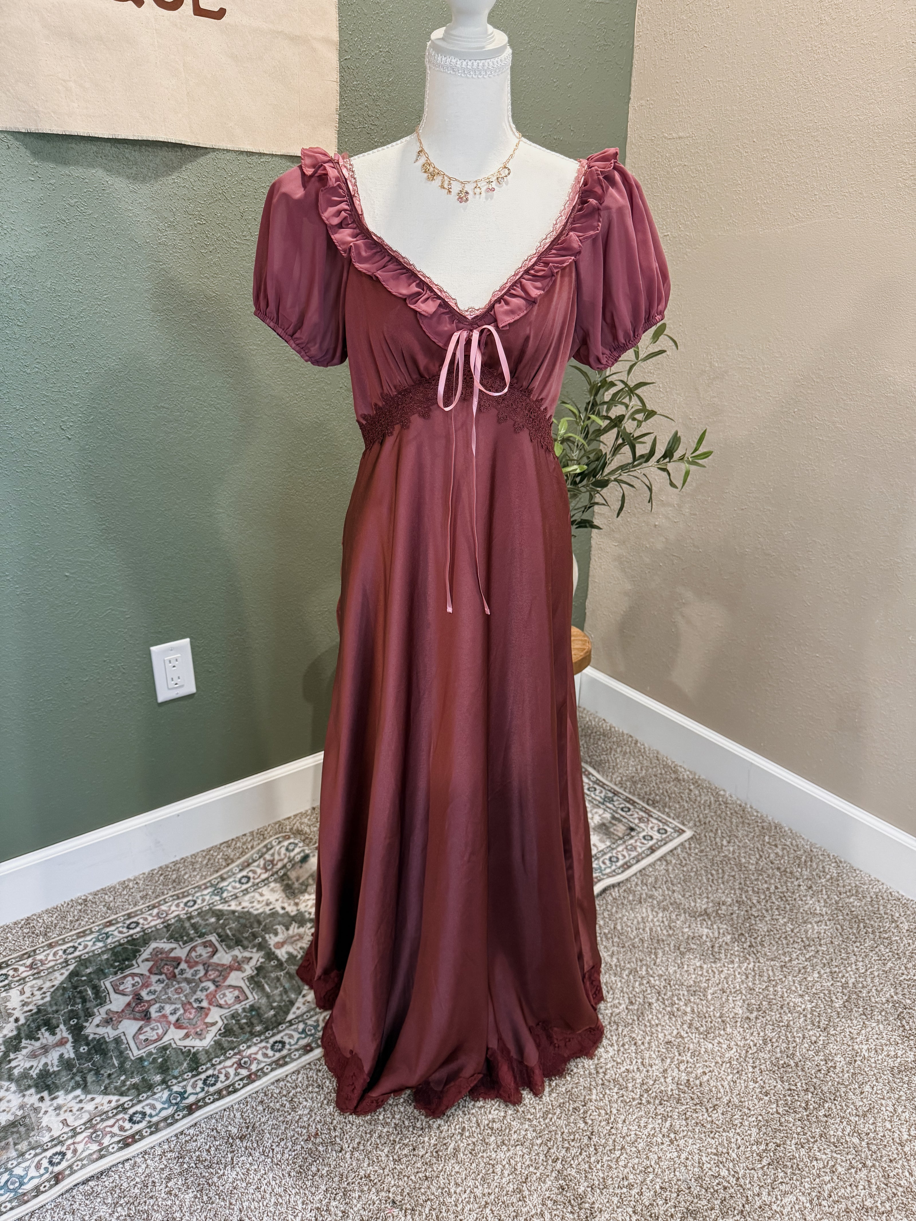 ruffle slip satin maxi