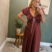 ruffle slip satin maxi