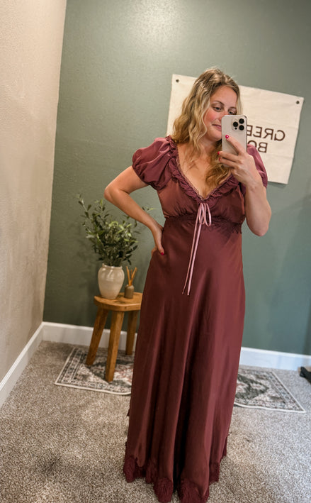 ruffle slip satin maxi