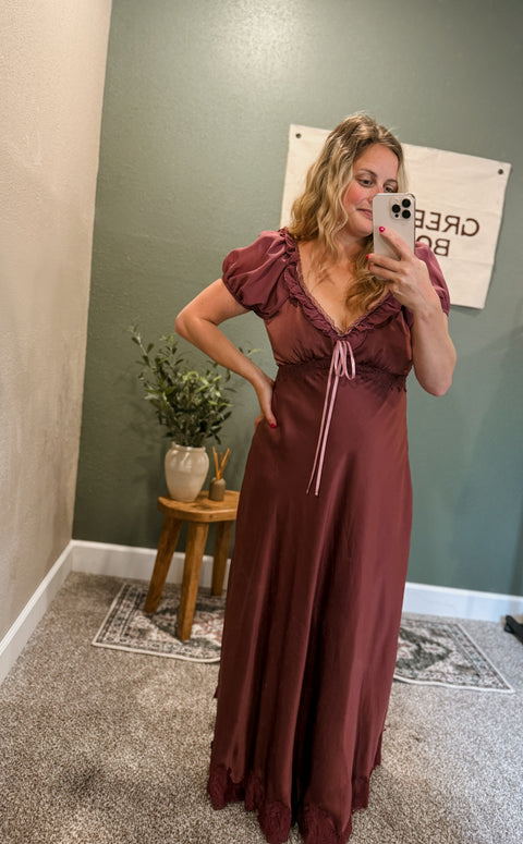 ruffle slip satin maxi