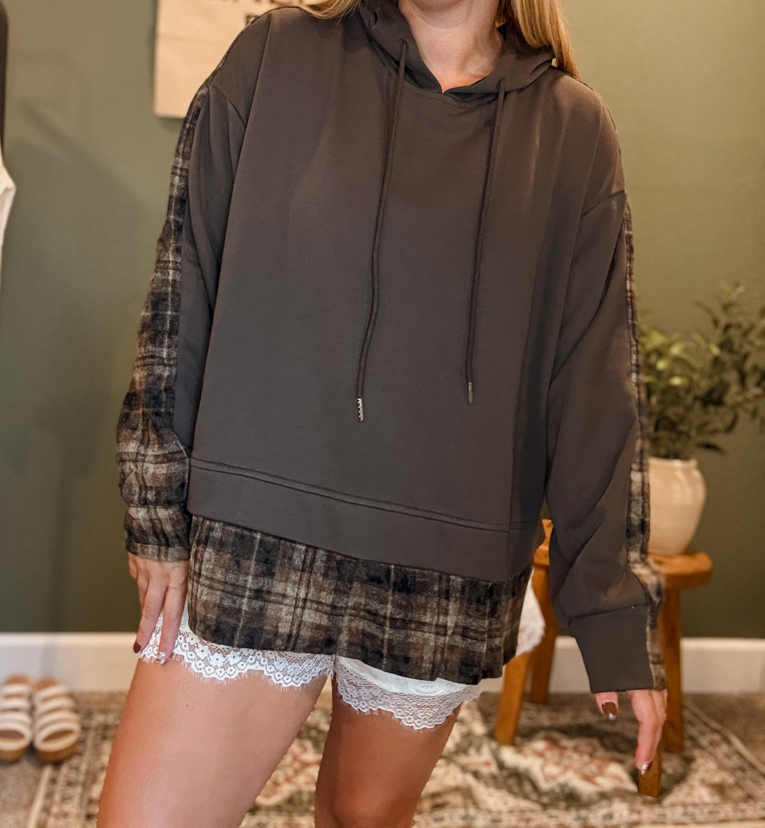 the faded plaid sweatshirt