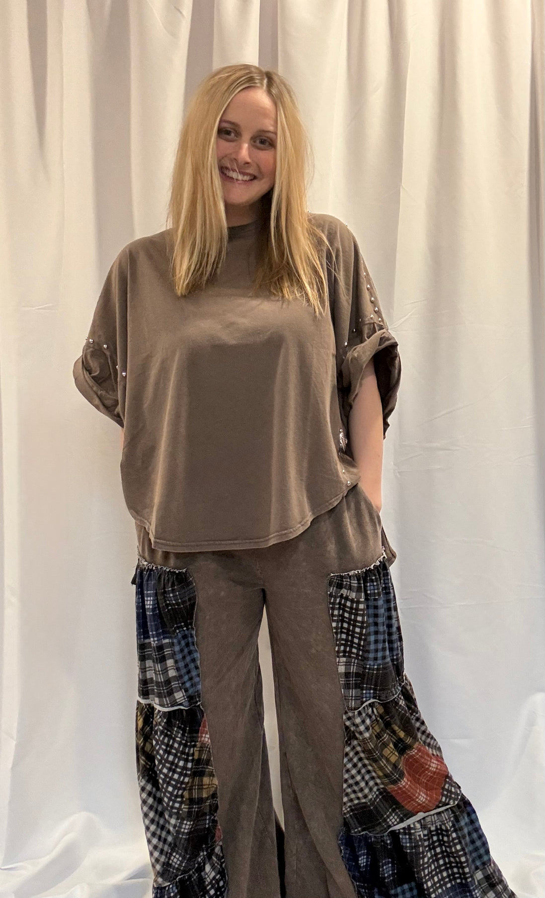 mineral washed plaid flare pants