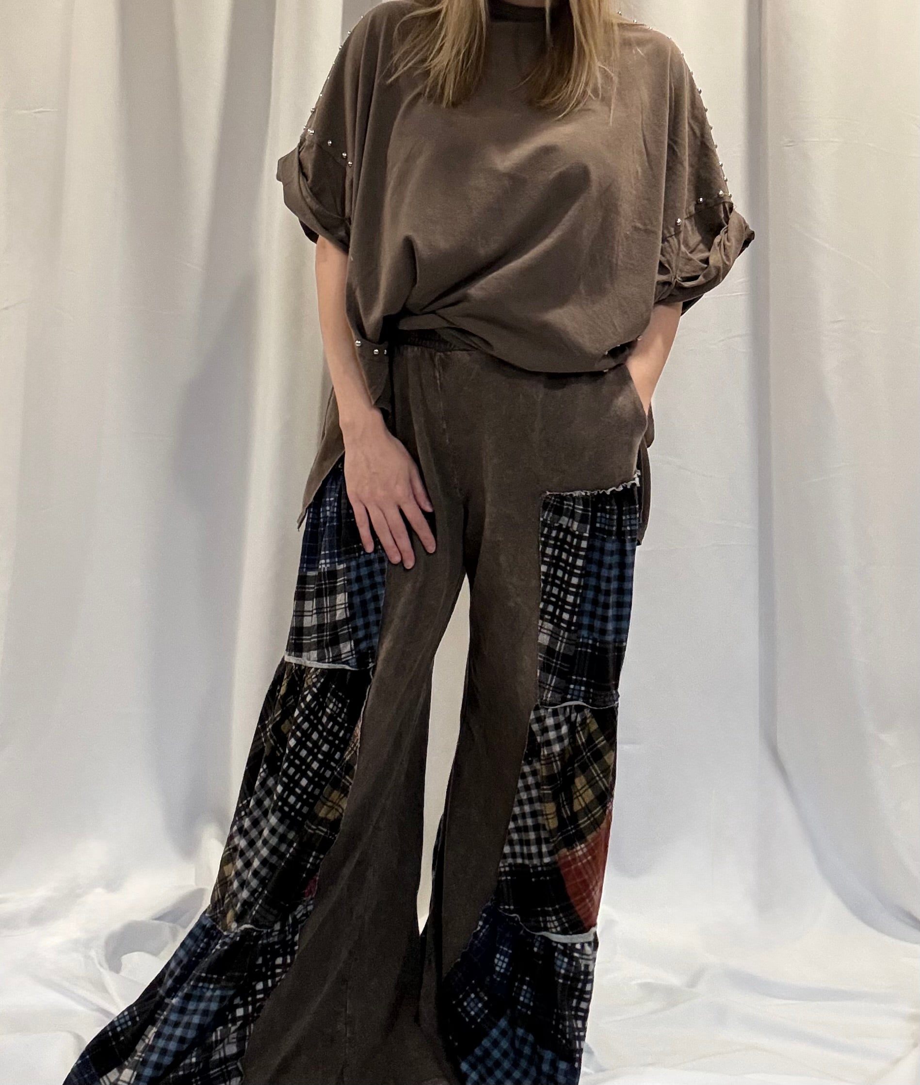 mineral washed plaid flare pants