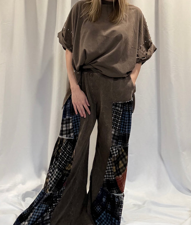 mineral washed plaid flare pants
